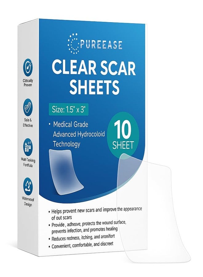 PUREEASE Clear Scar Sheets – 10 Pieces – Skin Patches for Face and Body – Use Before Scars Fully Form – Prevent and Reduce Scars from Acne, Scalds, Burns, Cuts, Abrasions – Thin, Flexible, Waterproof, Gentle - Image 1